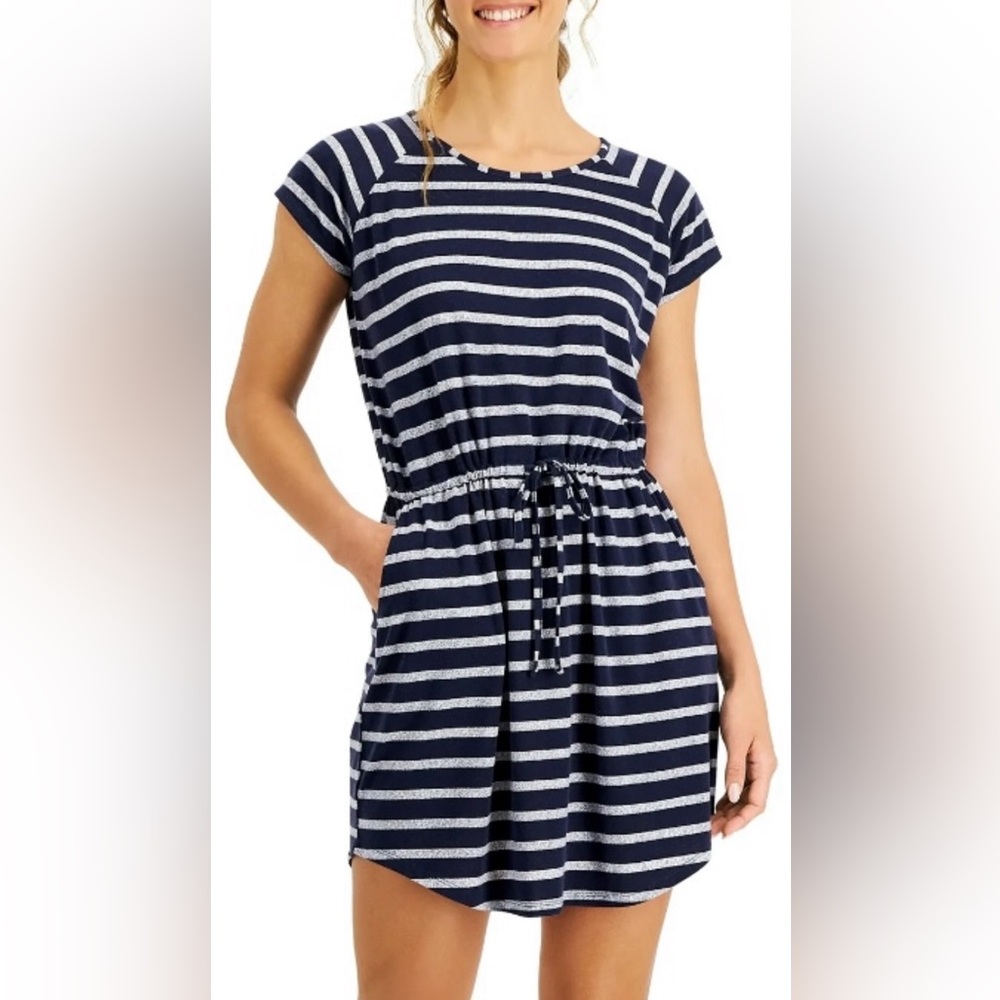 Navy & White Striped Drawstring Dress - PL